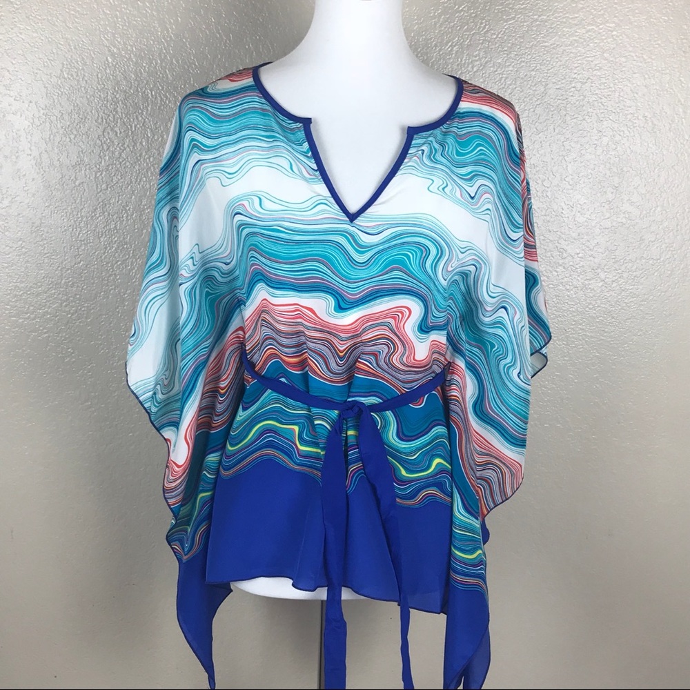 Trina Turk Swirly Scarf Blouse w/ waist tie Sz S